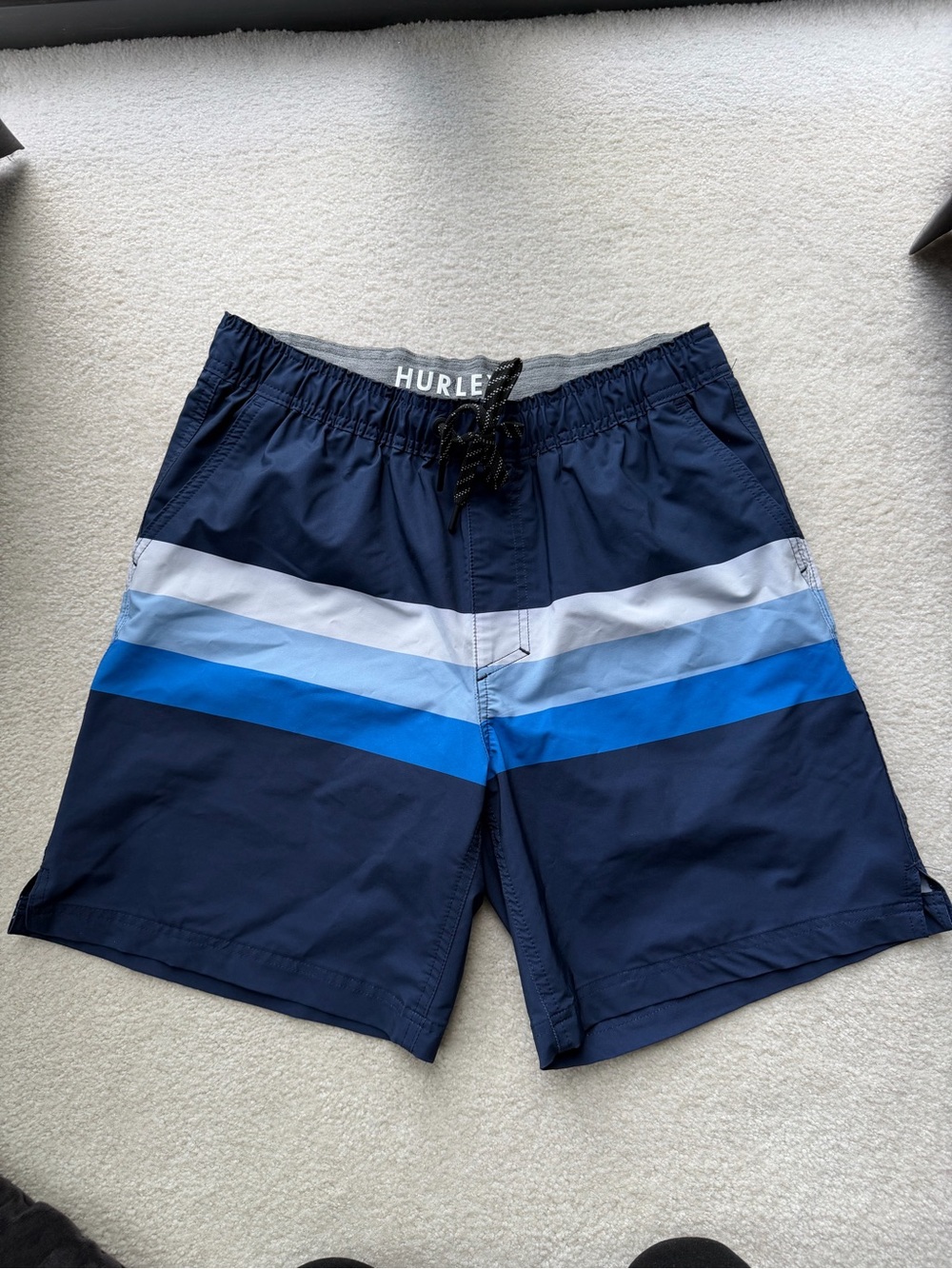 Hurley Men’s Navy Blue Striped Swim Trunks
